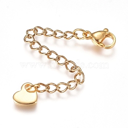 304 Stainless Steel Chain Extender, with Lobster Claw Clasps and Charms, Heart, Golden, 69.5mm, Link: 4x3x0.4mm, Clasp: 9.2x6.2x3.3mm(STAS-G221-14G)