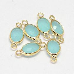 Oval Faceted Golden Brass Glass Links connectors, Pale Turquoise, 15x7x3.2mm, Hole: 1mm(GLAA-O014-24G)