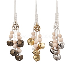 3Pcs 3 Colors Iron Bell Pendant Decoration, Wood Beads and Jute Cord for Home Door Hanging Ornaments, Mixed Color, 225mm, 1pc/color(HJEW-JM02249)