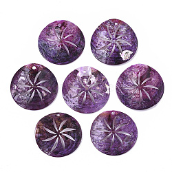 Natural Akoya Shell Pendants, Mother of Pearl Shell Pendants, Dyed, 
Flat Round, Dark Orchid, 33x5~7mm, Hole: 1.6~2mm(X-SHEL-N026-09D)