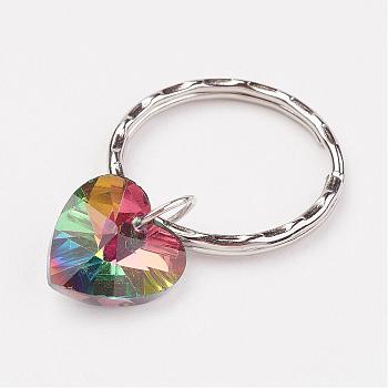 Iron Keychain, with Heart Glass Pendants, Silver Color Plated, Colorful, 41mm, Pendant: 18x14x7mm
