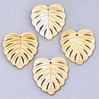 Natural Yellow Shell Pendants, Tropical Leaf Charms, Monstera Leaf, 42~43x39x2.5mm, Hole: 2mm