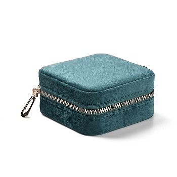 Square Velvet Jewelry Storage Zipper Boxes, Portable Travel Jewelry Case for Rings Earrings Bracelets Storage, Teal, 10x10x4.85cm