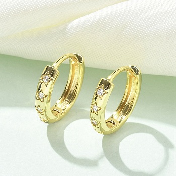 Brass Micro Pave Clear Cubic Zirconia Hoop Earrings, Star, Real 18K Gold Plated, 3.5x17.5mm