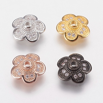 Brass Micro Pave Cubic Zirconia Bead Cap, 5-Petal, Mixed Color, 10x3mm, Hole: 1mm