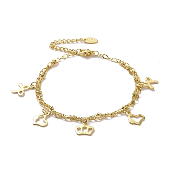 304 Stainless Steel Double Chains Multi-strand Bracelets, Bowknot & Crown & Heart 201 Stainless Steel Charm Bracelet for Women, Golden, 7-1/4 inch(18.5cm)