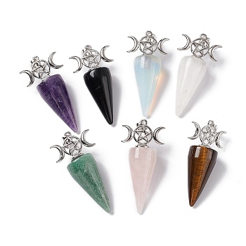 Natural & Synthetic Mixed Gemstone Pendants, Cone Charms, with Platinum Tone Brass Triple Moon with Star Findings, Cadmium Free & Nickel Free & Lead Free, 47~50x23x14.5~15mm, Hole: 7.5x5mm