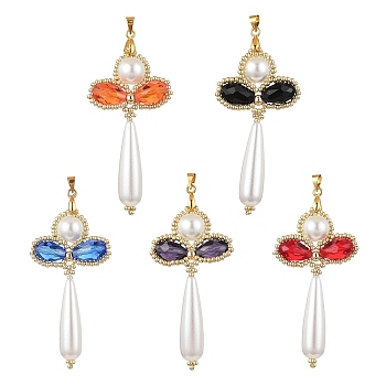 Glass Pearl Big Pendants, with Acrylic & Seed Beads & Golden Brass Findings, Cross, Mixed Color, 68x31x10mm, Hole: 4x4mm