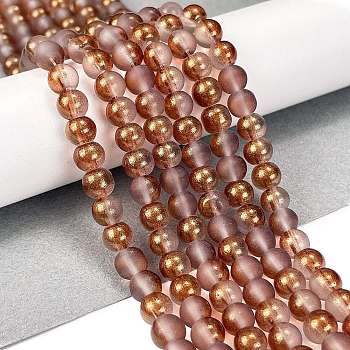 Frosted Transparent Glass Bead Strands, with Gold Powder, Round, Sienna, 6mm, Hole: 1mm, about 146pcs/strand, 31.02''(78.8cm)