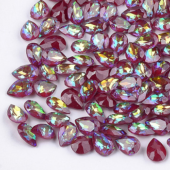Pointed Back Resin Rhinestone Cabochons, Faceted, teardrop, FireBrick, 17.5~18x~12.5~13x6.5~7mm, about 110pcs/bag