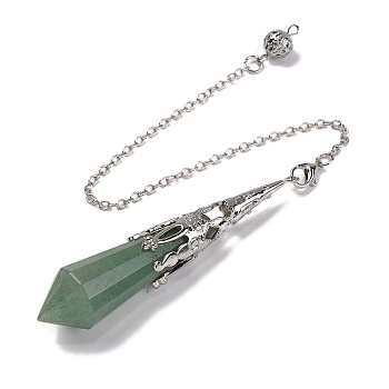 Natural Green Aventurine Pointed Dowsing Pendulum Big Pendants, Lead Free & Cadmium Free, with Platinum Tone Brass Findings, Hexagonal Cone, 265mm, Hole: 2mm