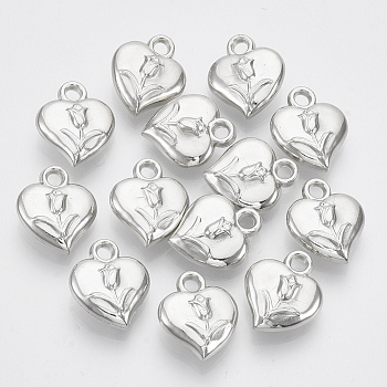 Plating ABS Plastic Pendants, Heart with Tulip Flower, Platinum, 16x14x6mm, Hole: 2mm