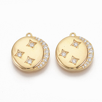 Brass Micro Pave Clear Cubic Zirconia Charms, Nickel Free, Moon with Star, Real 18K Gold Plated, 14x12.5x2mm, Hole: 0.9mm