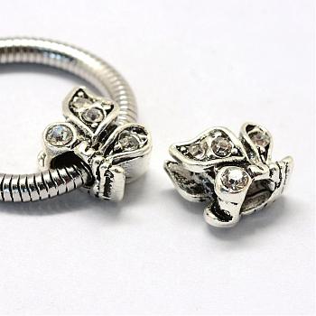 Alloy Rhinestone European Beads, Large Hole Beads, Butterfly, Antique Silver, Crystal, 12x11x8mm, Hole: 5mm