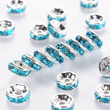 Brass Grade A Rhinestone Spacer Beads, Silver Color Plated, Nickel Free, Aquamarine, 7x3.2mm, Hole: 1.2mm
