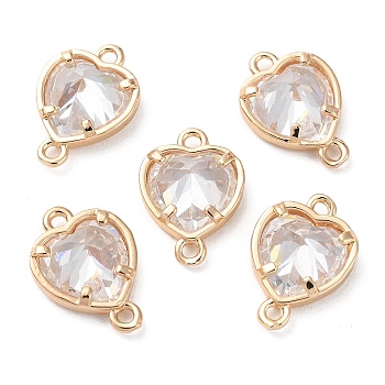 K9 Glass Connector Charms, Heart Links with Golden Tone Brass Findings, Crystal, 14x10x4.5mm, Hole: 1.2mm
