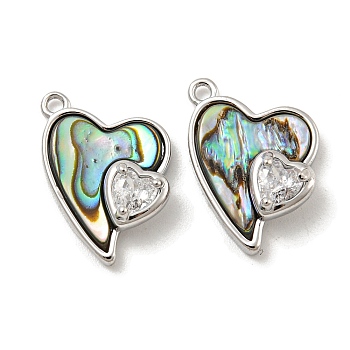 Natural Paua Shell Pendants, Brass Pave Clear Glass Heart Charms, Real Platinum Plated, 16.5x12x5mm, Hole: 1.2mm