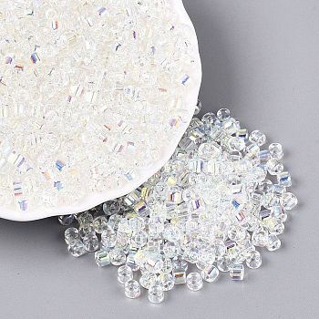 FGB Transparent Colours Glass Seed Beads, Rainbow Plated, Round Hole, Barrel, Clear, 4x3.5mm, Hole: 0.9~1mm, about 3750pcs/pound