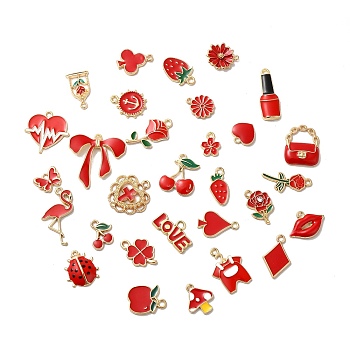 Alloy Enamel Pendants, Mixed Shapes, Golden, Red, 12~27x9~26x2~3.5mm, Hole: 1.6mm, about 100pc/bag