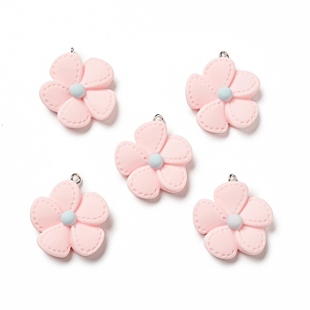 Opaque Resin Pendants, with Platinum Tone Iron Loops, 5-petal Flower Charm, Pink, 29x25x7mm, Hole: 2mm