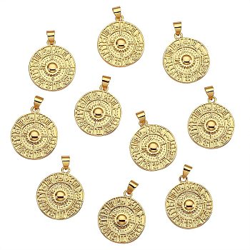 10Pcs Brass Pendants, Long-Lasting Plated, Flat Round with Twelve Constellations, Real 18K Gold Plated, 23x19.5x1.5mm, Hole: 5x3mm