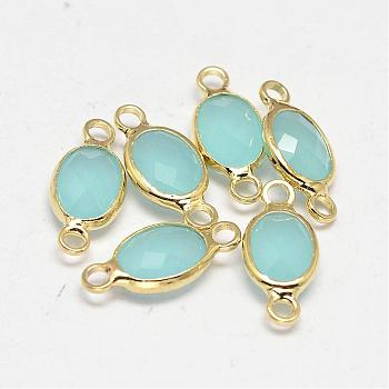 Oval Faceted Golden Brass Glass Links connectors, Pale Turquoise, 15x7x3.2mm, Hole: 1mm