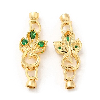 Rack Plating Brass Micro Pave Green Cubic Zirconia Fold Over Clasps, Long-Lasting Plated, Peacock, Real 18K Gold Plated, Peacock: 23x15x7.5mm, Clasp: 12.5x6x5.5mm, Inner Diameter: 4mm