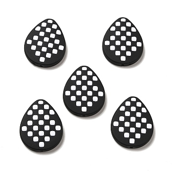 Opaque Acrylic Beads, with Enamel, Teardrop with Tartan Pattern, Black, 26.5x21.5x4.5mm, Hole: 1.6mm