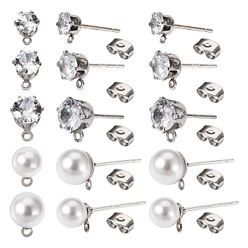 Pandahall 40Pcs 5 Style ABS Plastic Imitation Pearl & Clear Cubic Zirconia Stud Earring Findings, with 925 Sterling Silver Pins and Horizontal Loops, with 50Pcs Iron Ear Nuts, Platinum, 5.5~9x4.5~8mm, Pin: 0.7mm, Hole: 0.8~1.2mm, 8Pcs/style 