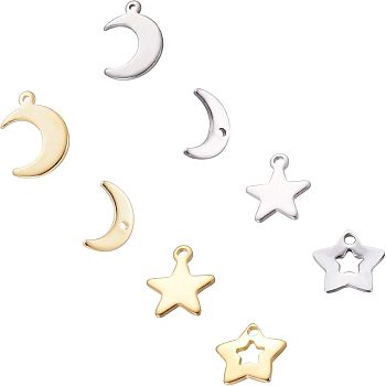 304 Stainless Steel Charms, Star and Moon, Golden & Stainless Steel Color, 7~16x9.5~11x1mm, Hole: 1.4~1.6mm, 80pcs/box