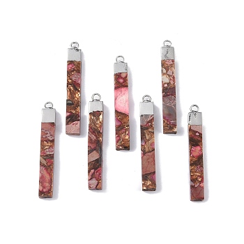 Dyed Synthetic Imperial Jasper Pendants, Rectangle Charms with Platinum Tone Brass Findings, Indian Red, 46x7x4mm, Hole: 2.5mm