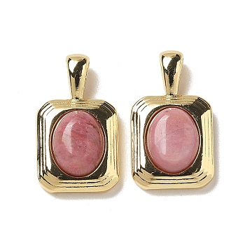 Brass Pave Natural Rhodonite Rectangle Pendants, Real 18K Gold Plated, 19.5x11x5mm, Hole: 3.5x1.5mm