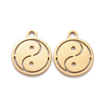 201 Stainless Steel Pendants, Laser Cut, Manual Polishing, Flat Round with Yin Yang, Golden, 14x12x1mm, Hole: 1.6mm