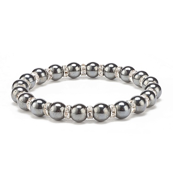 Synthetic Hematite Stretch Bracelet Rhinestone Beaded, Gemstone Jewelry for Men Women, Silver, Beads: 8mm, Inner Diameter: 2-1/4 inch(5.8cm)