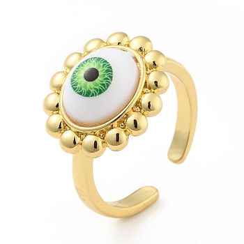 Acrylic Sun with Evil Eye Open Cuff Ring, Real 18K Gold Plated Brass Jewelry for Women, Cadmium Free & Lead Free, Lawn Green, US Size 6 3/4(17.1mm)