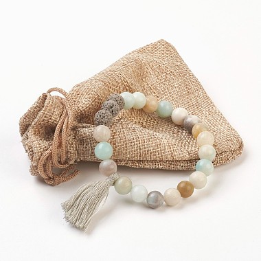 Natural Flower Amazonite and Lava Rock(Dyed) Beads Stretch Charm Bracelets(BJEW-JB03728-02)-4