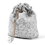 Fiber Embossed Flower Drawstring Candy Bags, with Chain, Wedding Candy Cloth Pouches, Square, Light Grey, 15x15cm(PW-WG61065-08)