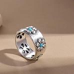 Retro Alloy and Turquoise Finger Rings, Ring & Flower, Antique Silver, US Size 6(16.5mm)(FS-WGD8EB6-01)