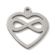 201 Stainless Steel Pendants, Laser Cut, Stainless Steel Color, Heart Charm, Infinity, 15x14x1mm, Hole: 1mm(STAS-E206-06P-01)
