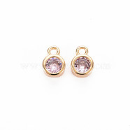 Brass Charms, with Rhinestone, Nickel Free, Real 18K Gold Plated, Flat Round, Violet, 8x5x3mm, Hole: 1.4mm(KK-S364-160C)