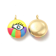 Brass Enamel Charms, Real 18K Gold Plated, Long-Lasting Plated, Flat Round with Evil Eye, Yellow, 19x15.5x8mm, Hole: 1.8mm(KK-P222-06G-01)