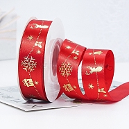 22M Flat Christmas Reindeer Printed Polyester Satin Ribbons, Hot Stamping Ribbons, Red, 1 inch(25mm), about 24.06 Yards(22m)/Roll(XMAS-PW0001-183J)