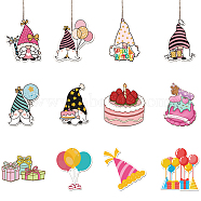 Birthday Theme Wooden Pendant Decorations, Jute Cord Hanging Ornaments, Mixed Shapes, Mixed Shapes, 60~100x60~100mm, Hole: 3mm, 12style, 3pcs/style, 36pcs/set(WOOD-WH0037-011)
