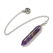 Bullet Natural Amethyst Pointed Dowsing Pendulums, with Rack Plating Antique Silver Plated Brass Pendants Ohm/Aum Findings, 240mm(AJEW-B106-01AS-06)