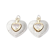 Eco-Friendly Rack Plating Brass Micro Pave Cubic Zirconia Pendants, Long-Lasting Plated, Lead Free & Cadmium Free, with Jump Ring, Double Heart Charm, Platinum & Light Gold, 19x17.5x5mm, Hole: 3.4mm(KK-F845-35P)