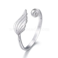925 Sterling Silver Cuff Rings, Open Rings Components, For Half Drilled Beads, Leaf, Platinum, Size 8, 18mm, Tray: 3.5mm, Pin: 0.8mm(STER-F048-17P)