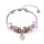 Handmade Polymer Clay Rhinestone European Bracelets, with Glass Beads, 304 Stainless Steel Snake Chains and Alloy Heart Charm, Lilac, 7-7/8 inch(20cm)(BJEW-JB06372-04)