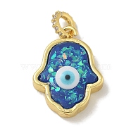 Rack Plating Brass Pendants, with Resin Imitation Opal & Glitter, Long-Lasting Plated, Lead Free & Cadmium Free,Hamsa Hand with Evil Eye, Medium Blue, 19.5x14.5x5mm, Hole: 3mm(KK-Q009-05G-06)