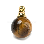 Natural Tiger Eye Perfume Bottle Pendants, with 304 Stainless Steel Findings, Round, 25x16mm, Hole: 2mm(G-K338-22G-07)