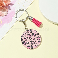 Acrylic Keychain, with Medium Violet Red Tassel, Flat Round, Leopard, 10cm(KEYC-YW00085-06)